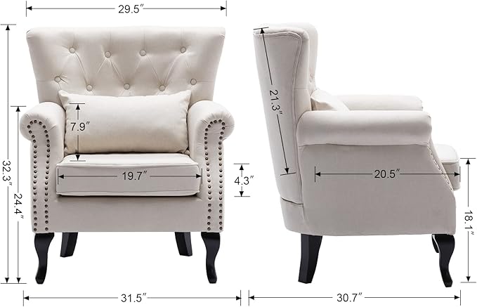 chairus Mid-Century Modern Accent Chairs Set of 2, Comfy Tufted Single Sofa Chair Wingback Armchair with Pillow for Club, Living Room, Bedroom - Linen, Beige