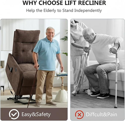 PELUMY Manual Lift Recliner Chair with Massage and Heat for Elderly, Single Motor Electric Lift Chair, Heavy Duty Recliner with USB Charging & Side Pockets (Chenille, Brown)