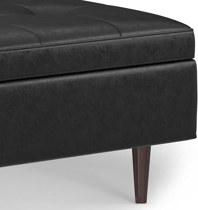 SIMPLIHOME Shay 38 inch Wide Mid Century Modern Large Square Coffee Table Storage Ottoman in Distressed Black Vegan Faux Leather, Assembled, for The Living Room and Entryway