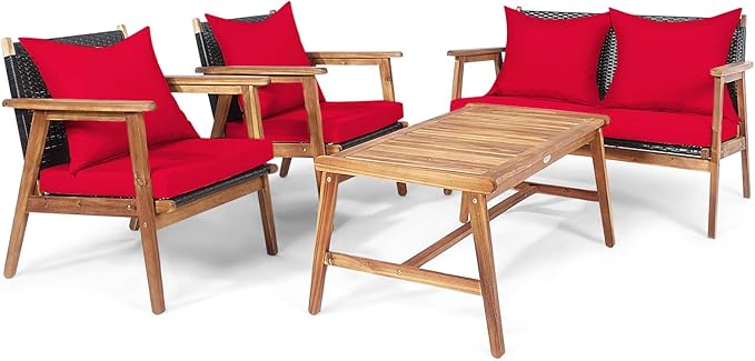COSTWAY 4 Pieces Acacia Wood Patio Conversation Set, Outdoor Wicker Sofa with Coffee Table & Cushions, Patio Rattan Furniture Set for Yard, Porch, Poolside, Balcony, Backyard, Red