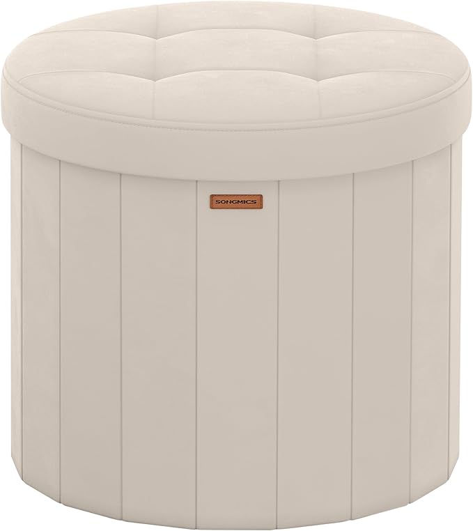 SONGMICS Mazie Collection - Round Storage Ottoman, Folding Footrest Stool with Removable Lid, Easy Assembly, Velvet Vanity Stool for Bedroom, Living Room, Entryway, Cappuccino Beige ULSF608L01