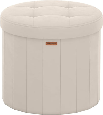 SONGMICS Mazie Collection - Round Storage Ottoman, Folding Footrest Stool with Removable Lid, Easy Assembly, Velvet Vanity Stool for Bedroom, Living Room, Entryway, Cappuccino Beige ULSF608L01