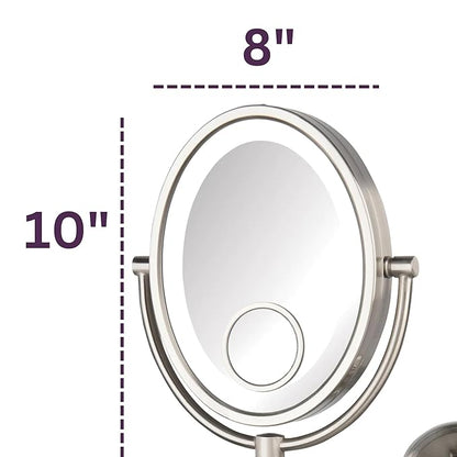 JERDON Two-Sided Wall-Mounted Makeup Mirror with Lights - Lighted Makeup Mirror with 10X Magnification & Wall-Mount Arm - Oval Mirror with Nickel Finish Wall Mount - Model HL9515NL