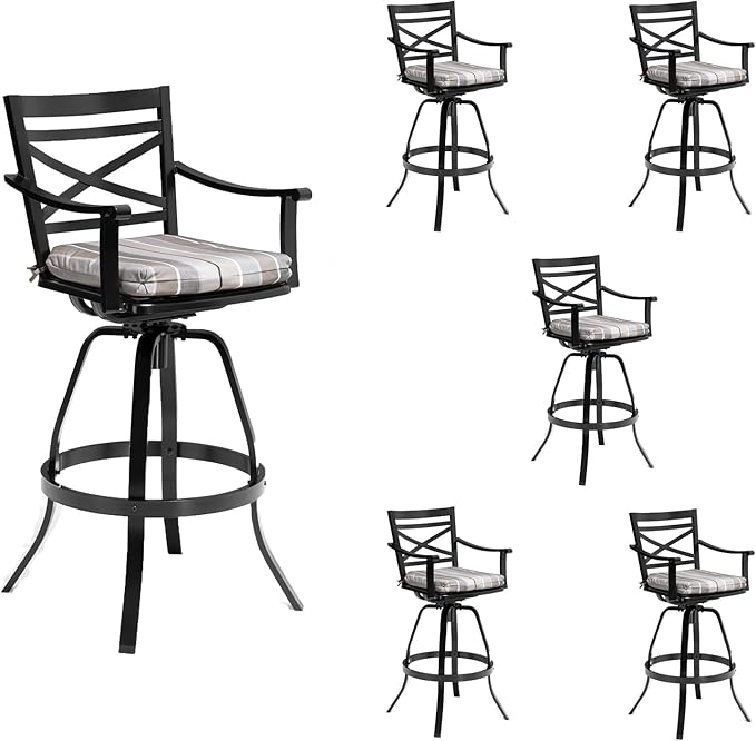 Pellebant 6 Pack Sunbrella Outdoor Bar Stools 30", Aluminum Swivel Patio Bar Height Bar Stools with Back & Footrest, for Deck Lawn Garden(Milano Char)