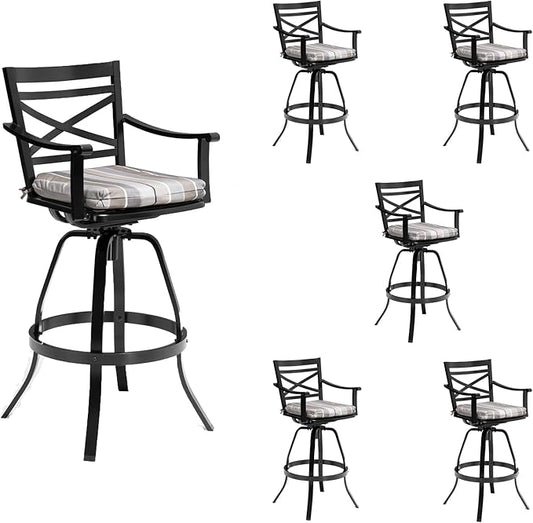 Pellebant 6 Pack Sunbrella Outdoor Bar Stools 30", Aluminum Swivel Patio Bar Height Bar Stools with Back & Footrest, for Deck Lawn Garden(Milano Char)