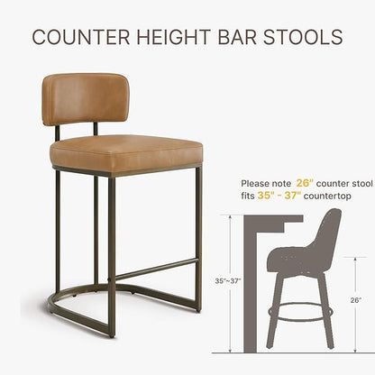 26" H Counter Height Bar Stools Set of 3, Modern Faux Leather Upholstered Barstools with Backrest for Kitchen Island, Gold Metal Frames, Brown