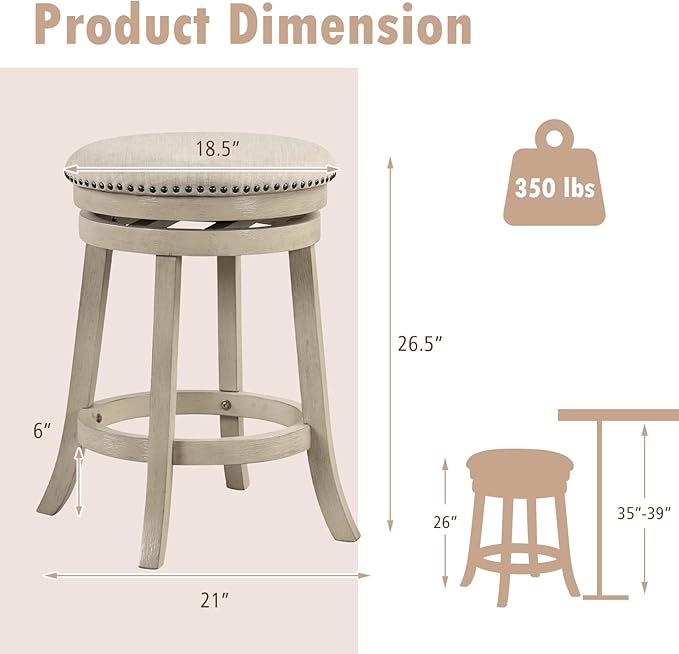 COSTWAY 360° Swivel Bar Stools Set of 2, 26.5-inch Height Upholstered Round Barstools with Wooden Frame, Seat and Footrest, Backless Solid Wood Counter Stools for Kitchen Island Bistro Pub, Beige