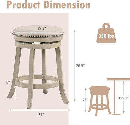 COSTWAY 360° Swivel Bar Stools Set of 4, 26.5-inch Height Upholstered Round Barstools with Wooden Frame, Seat and Footrest, Backless Solid Wood Counter Stools for Kitchen Island Bistro Pub, Beige