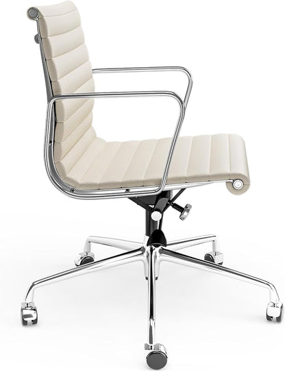 Mid Back Genuine Leather Ribbed Office Chair-Ergonomic Desk Chair with Aluminum Alloy Armrest & Frame, Swivel Silent Wheels & Tilt Function, Adjustable Height