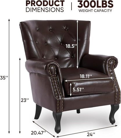 MOJAY PU Leather Accent Chair Set of 2, Modern Armchair Living Room Chair, Upholstered Club Chair with Rivet Trim, Mid-Century Sofa Chair with Sturdy Wood Legs for Bedroom (Caramel)
