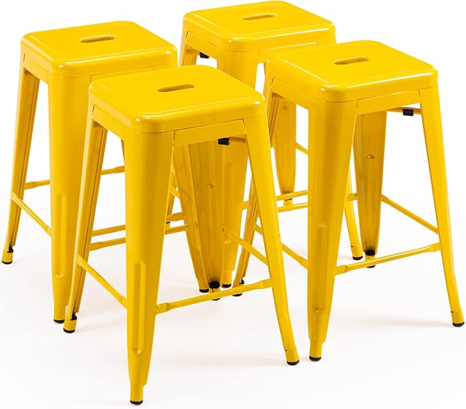 Vogue Furniture Direct 24" High Bar Stools Backless Yellow Metal Barstools Indoor-Outdoor Counter Height Stools with Square Seat, Set of 4 - VF1571019-4