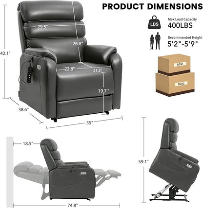 EONIX Dual Motor Lay Flat Power Lift Recliner Chair for Elderly, Breathable Faux Leather Electric Lift Chairs for Adults, 400lbs Heavy Duty Power Recliner with Heat Massage Charging Ports, Grey