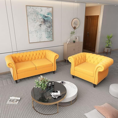 Chesterfield Loveseat Sofa, Modern Velvet Small Sofa Couch 2 Seater with Rolled Arms and Nailhead, Mid Century Modern Loveseat Couch for Small Spaces Living Room Bedroom Apartment, Yellow