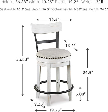 Signature Design by Ashley Valebeck | Modern Swivel 24.5" Counter Height Barstool – Rustic-Industrial Whitewash, Upholstered Cushion, 360° Swivel, Nailhead Trim