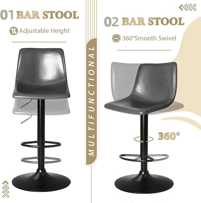 LEMBERI Bar Stools Set of 2, Modern Adjustable Swivel Barstools Counter Height with Backrest, Faux Leather Upholstered Bar Chairs for Kitchen Island, Grey