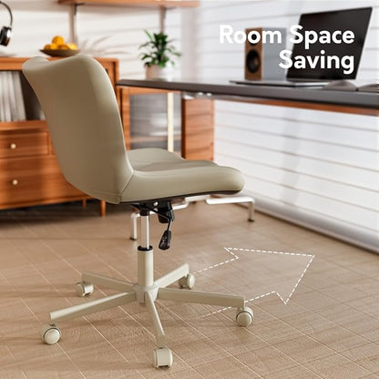 Armless Desk Chair, Morden Home Office Chair no Arms, Adjustable Height & Rocking Computer Chair, PU Leather Vanity Chair, Ergonomic Seat Soft Padded Desk Chairs for Home Small Space, Beige
