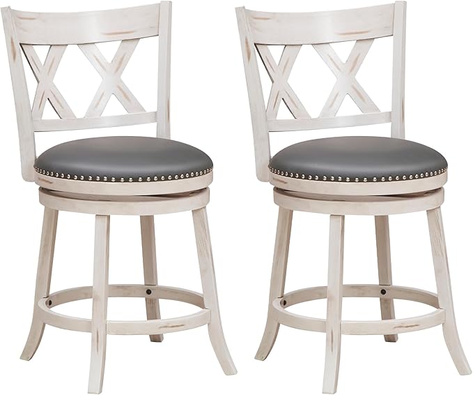 COSTWAY Bar Stool Set of 2 for Kitchen Island, 25.5” Swivel Armless Counter Height Stools with 20'' Wider Padded Seat, Ergonomic Curved Backrest, Rubber Wood Frame (2, Antique White + Gray)