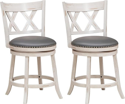 COSTWAY Bar Stool Set of 2 for Kitchen Island, 25.5” Swivel Armless Counter Height Stools with 20'' Wider Padded Seat, Ergonomic Curved Backrest, Rubber Wood Frame (2, Antique White + Gray)