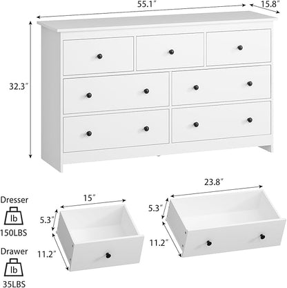 White Dresser for Bedroom, 7 Drawer Dresser with Metal Handles, 55 Inch Wide Wood Chest for Living Room, Hallway