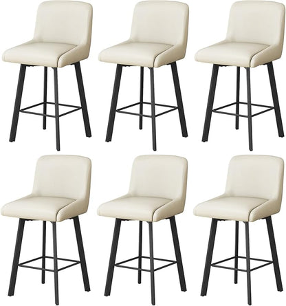 Swivel Bar Stools, 26''H Upholstered Barstools with Backs, Modern Counter Height Bar Stool Chairs for Kitchen Island, Metal Legs (Beige- Faux Leather, Set of 6-26" H)