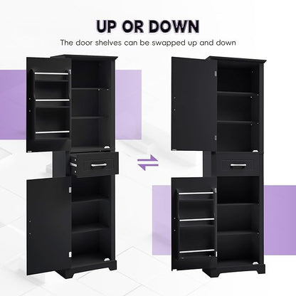 Bathroom Tall Storage Cabinet, Floor Freestanding Storage Cabinet with 2 Doors, One Drawer, Door Shelve Design, and Adjustable Shelf for Bathroom, Office, Multi-Use Organizer, Black