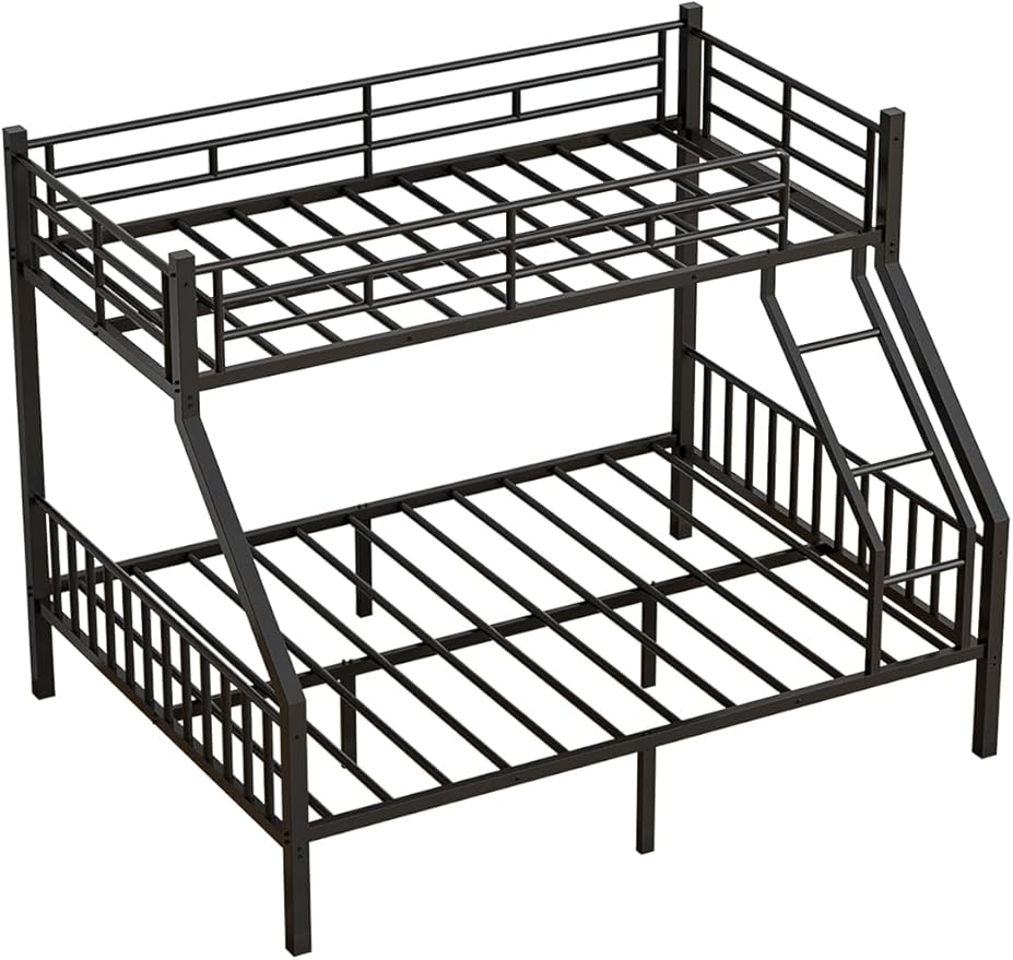 Twin XL Over Queen Bunk Bed for Adults, Heavy Duty Metal Bunk Beds with Safety Guardrails & EVA Padded Ladder, Twin XL Over Queen Bunk Beds Frame with Noise-Free Slats, Space-Saving(Black)