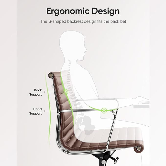 Ribbed Office Chair with Top Grain Leather - Mid Back Ergonomic Desk Chair with Aluminum Arm Rest and 5-Star Base, Swivel Chair Brown