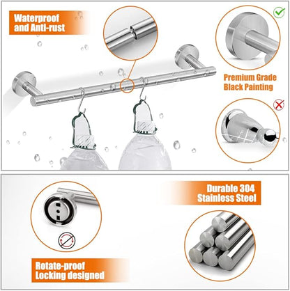 5-Pieces Bathroom Hardware Set Brushed Nickel SUS304 Stainless Steel Round Wall Mounted - Includes 24" Hand Towel Bar, Toilet Paper Holder, 3 Robe Towel Hooks, Bathroom Accessories Kit