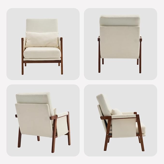 Accent Chair Mid-Century Modern with Lumbar Support Pillow, Upholstered Living Room Chairs with Wooden, Chenille Armchair with Cushion, Anthropologie Side Chair for Bedroom, Beige