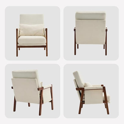 Accent Chair Mid-Century Modern with Lumbar Support Pillow, Upholstered Living Room Chairs with Wooden, Chenille Armchair with Cushion, Anthropologie Side Chair for Bedroom, Beige