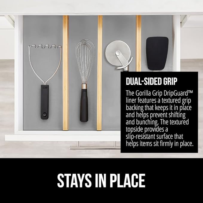 GORILLA GRIP DripGuard Shelf Liner, Non Adhesive Drawer and Kitchen Cabinet Protector, Slip Resistant BPA Free Smooth Surface Plastic Liners for Cabinets, Bathrooms, Closets, 12x240 Inch, Gray