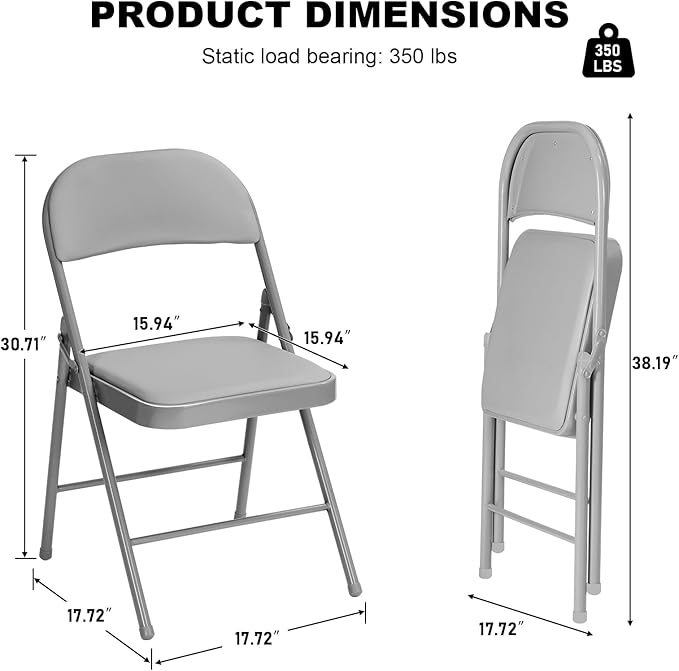 18 Pack Gray Folding Chairs with Padded Cushion for Outside, Portable Stackable Commercial Metal Foldable Chairs with Steel Frame for Home Events Office Wedding Party, 350lbs Capacity