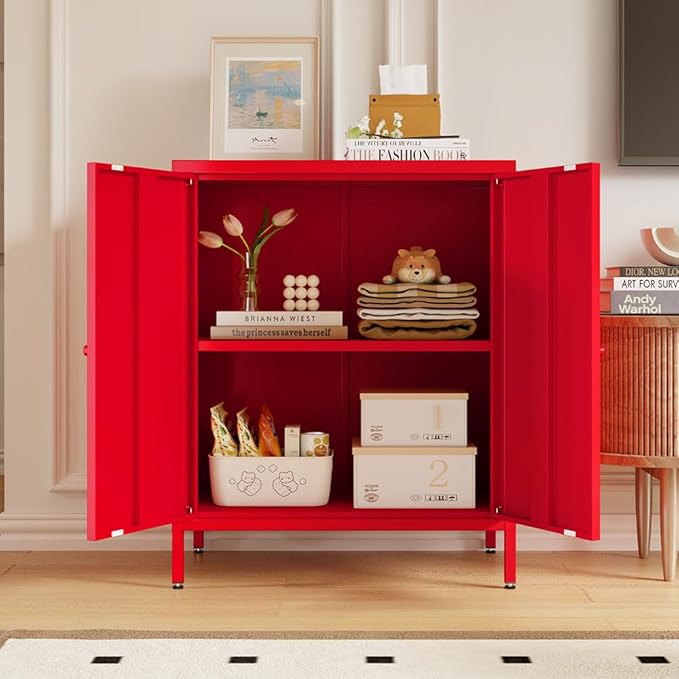 Red 2 Tier Metal Storage Cabinet with Legs, 2 Door Storage Cabinet with Adjustable Shelf, Storage Side Table, Small Accent Cabinet for Home, Office, Entryway, Kitchen,Bathroom,Dining Room