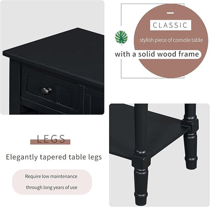 Knocbel Slim Antique Entry Console Table with 3 Drawers & Bottom Open Shelf, Solid Wood Narrow Sofa Couch Table for Entryway Hallway Living Room 23.7" W x 13" D x 31.4" H Black
