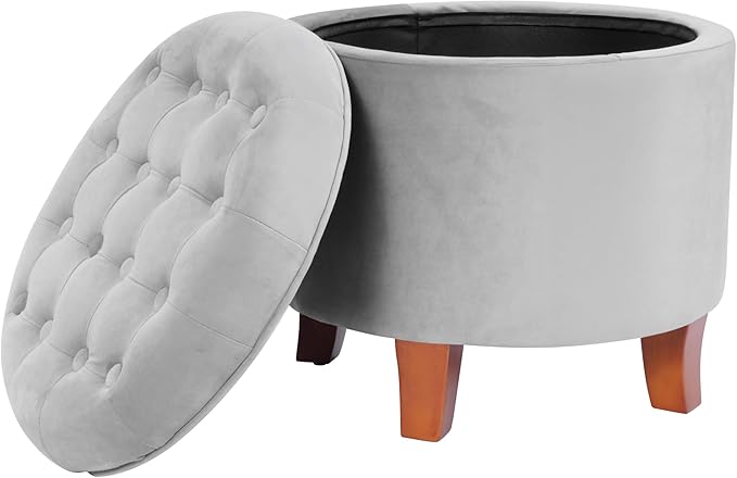 Homepop Home Decor | Upholstered Round Velvet Tufted Foot Rest Ottoman | Ottoman with Storage for Living Room & Bedroom | Decorative Home Furniture, Gray Small