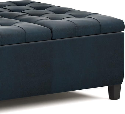 SIMPLIHOME Harrison 36 inch Wide Traditional Square Coffee Table Storage Ottoman in Distressed Dark Blue Vegan Faux Leather, Assembled, For the Living Room and Bedroom