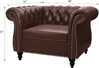 Living Room Chair, Modern Leather Chesterfield Sofa Chair, Mid Century Single Sofa Couch Chair with Tufted Back and Rolled Arms, Accent Sofa Chair for Living Room Apartment, Brown