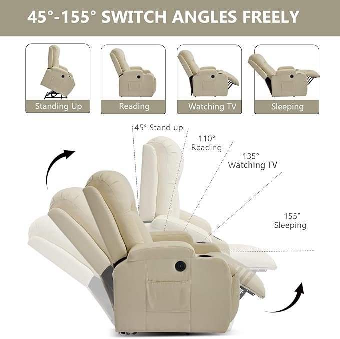PELUMY Manual Lift Recliner Chair for Elderly with Massage & Heat, Oversized Heavy Duty 350 lbs Recliner with Cup Holders & USB Ports, Infinite Positioning Lift Chair (Breathable Leather, Beige)