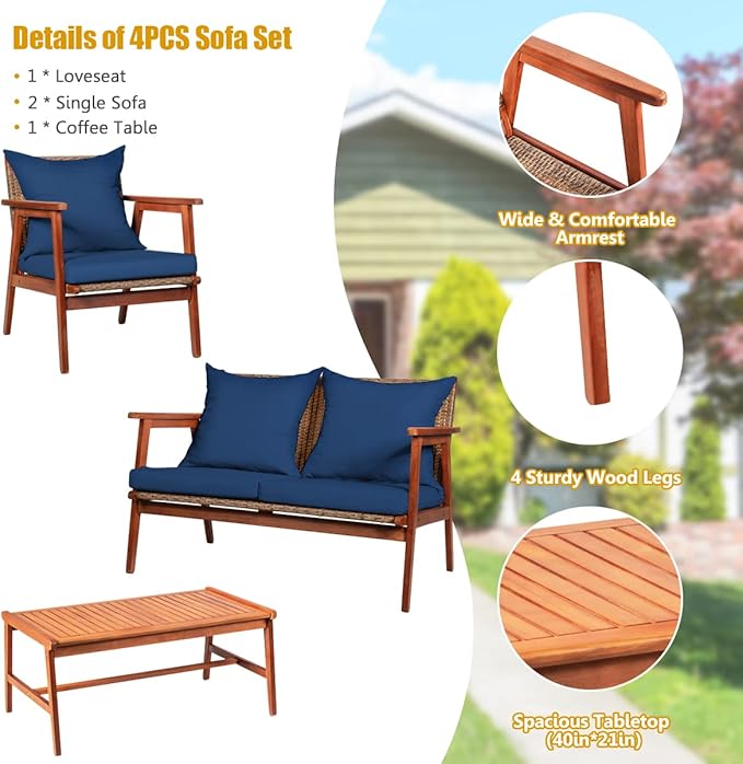 COSTWAY 4 Pieces Acacia Wood Patio Conversation Set, Outdoor Wicker Sofa with Coffee Table & Cushions, Patio Rattan Furniture Set for Yard, Porch, Poolside, Balcony, Backyard, Navy