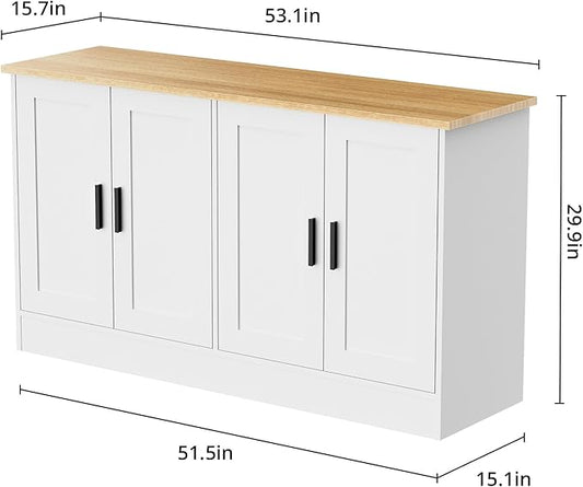White Sideboard Buffet with 4 Doors, Accent Coffee Bar, Kitchen Cabinet for Living Room, Kitchen or Hallway