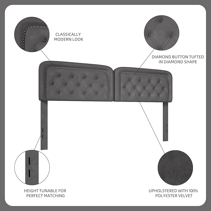 Tufted Upholstered Headboard King Size, Button Adjustable Height King Head Board Only, Sturdy and Durable Solid Wood with Nailhead Trim Headboards, Ideal for Bedroom, Dorm, Guest Room,Gray