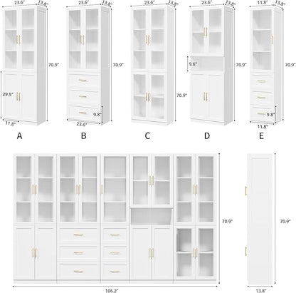 VOWNER Bookcase with Glass Doors & Drawers, 5 Tier Bookshelf with Adjustable Shelf, Modern Large Storage Display Cabinet Set for Home Office, Living Room, White (CDDC)