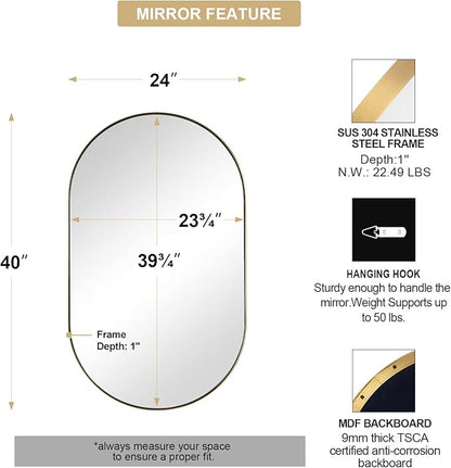 Andy Star Brass Oval Mirror, 24x40 Inch Bathroom Mirror Gold, Brass Vanity Mirror, Pill Shaped Mirrors Gold Metal Frame Stainless Steel 1’’ Deep Hang Vertically & Horizontally