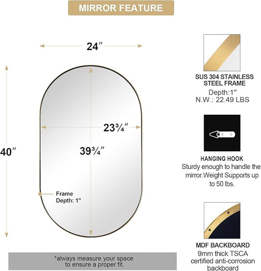 Andy Star Brass Oval Mirror, 24x40 Inch Bathroom Mirror Gold, Brass Vanity Mirror, Pill Shaped Mirrors Gold Metal Frame Stainless Steel 1’’ Deep Hang Vertically & Horizontally