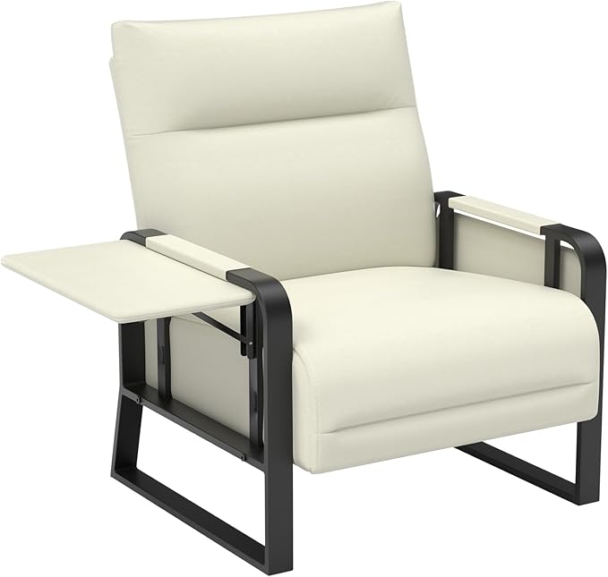Faux Leather Accent Chair with Flip Up Tray Table Soft Backrest Side Pocket for Living Room Office Bedroom Leather Accent Chair, Beige