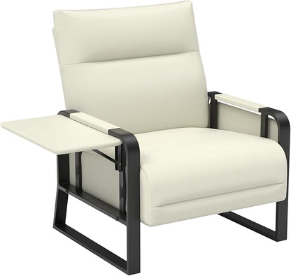 Faux Leather Accent Chair with Flip Up Tray Table Soft Backrest Side Pocket for Living Room Office Bedroom Leather Accent Chair, Beige