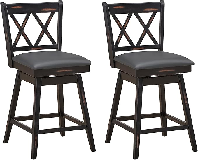 COSTWAY Bar Stool Set of 2, 360 ° Swivel Counter Height 25 inch Bar Stool with Foot Rest Upholstered Cushion & Ergonomic Backrest, Sturdy Frame, for Pub, Restaurant, Home (2, Black + Grey)