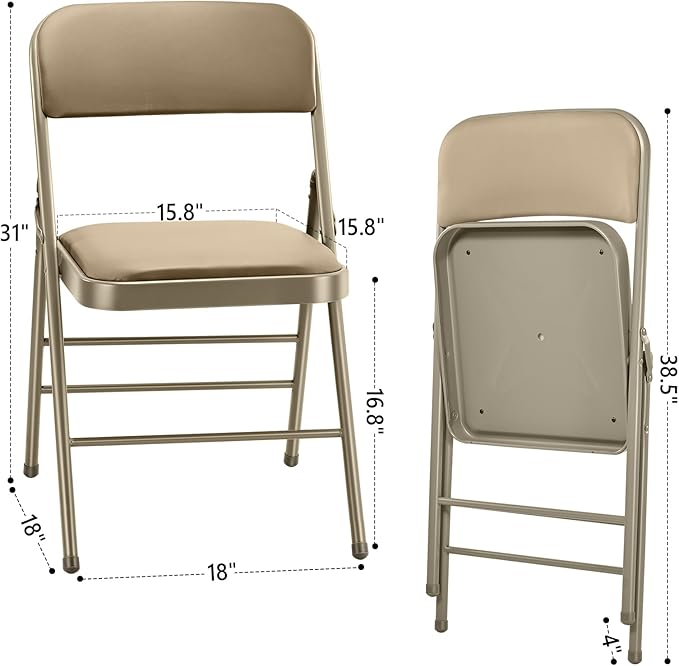 cyclone sound 2 Pack Folding Chairs with PU Padded Cushion and Back, Commercial Grade Metal Chairs with Comfortable PU Leather Cushion for Home and Office, for Indoor and Outdoor Events (2, Beige-PU)