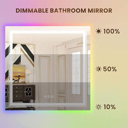 WTTY RGB LED Bathroom Mirror 36"x36" with Backlit and 3 Front Light,Stepless Dimmable LED Mirror for Bathroom,Lighted Bathroom Vanity Mirror for Wall,Anti-Fog,Memory Function,Shatter-Proof