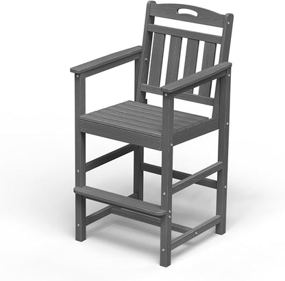 Outdoor Patio Bar Height Chair, All-Weather HDPE Tall Balcony Adirondack Stools for Bistro, Garden, Backyard, Deck | Grey